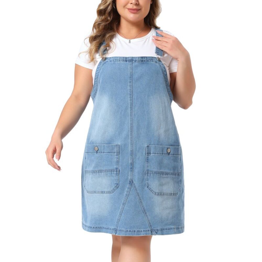 Women Plus Size Denim Overalls Dress Casual Summer Rompers Light Blue